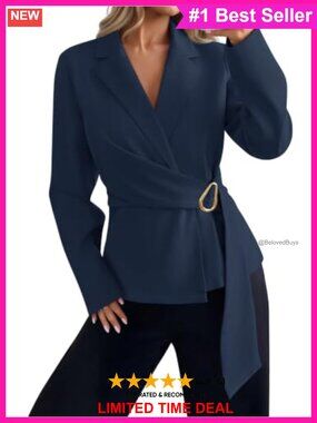 Women's Wrap V-Neck Blazer Belted Business Casual Suit Jacket